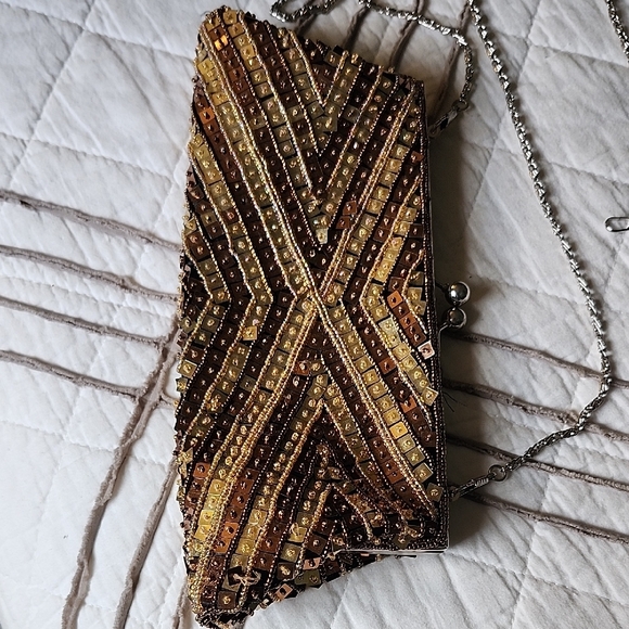 Gold and Brown Beaded Evening Clutch - Picture 2 of 12